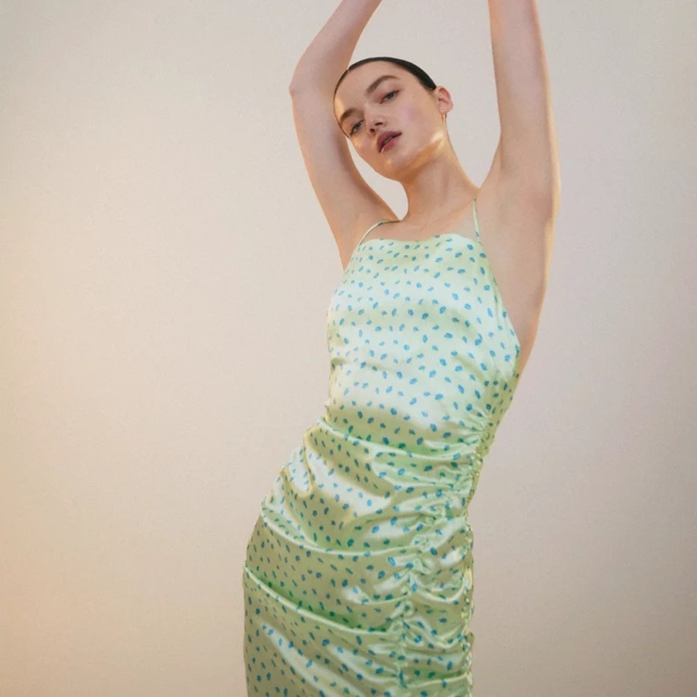 Zara Satin Effect Green Floral Midi Dress - New Never Worn